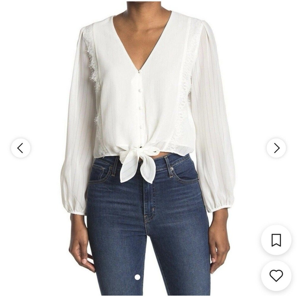 WAYF White Front Tie Button Lace Trim V Neck Blouse L